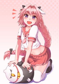 Rule 34 | 1boy, androgynous, arched back, arm support, astolfo (fate), astolfo (sailor paladin) (fate), black bow, blush, bow, braid, commentary request, crop top, cropped shirt, fang, fate/apocrypha, fate/grand order, fate (series), full body, hair bow, hair intakes, k souka, long hair, male focus, midriff, multicolored hair, multiple hair bows, navel, neckerchief, official alternate costume, open mouth, pink hair, pink neckerchief, pink sailor collar, pink serafuku, pink skirt, pleated skirt, purple eyes, sailor collar, school uniform, serafuku, shirt, short sleeves, single braid, skin fang, skirt, smile, solo, streaked hair, stuffed animal, stuffed toy, thighhighs, very long hair, white hair, white shirt, white thighhighs