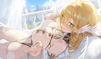 Rule 34 | 1girl, blonde hair, blush, braid, breasts, cleavage, cleavage cutout, clothing cutout, commentary request, copyright request, detached sleeves, eyes visible through hair, feathered wings, feathers, green eyes, hair between eyes, kokko (kokko3045), korean commentary, large breasts, long hair, looking at viewer, lying, on back, pomona yumeha (vtuber), sideboob, smile, thighs, virtual youtuber, wings