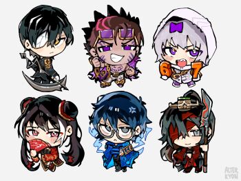 2girls 4boys 67_(meme) :< :/ :d alterkyon anger_vein armband artist_name bags_under_eyes bandage_over_one_eye black_hair black_pants black_suit blue_jacket blush bright_pupils brown_hair chain chibi dress empty_eyes eye_mask eyewear_on_head formal_clothes full-body_tattoo gold_chain gold_trim grey_eyes guan_dao hair_bun hair_ornament hair_ribbon hand_fan heathcliff_(project_moon) highres hohenheim_(project_moon) holding holding_fan holding_weapon hong_lu_(project_moon) hongyuan_(identity)_(project_moon) hood hoodie index_(identity)_(project_moon) jacket jia_xichun_(project_moon) kira_(project_moon) limbus_company long_hair mask meme middle_(identity)_(project_moon) multicolored_hair multiple_boys multiple_girls one_eye_covered open_mouth pants polearm project_moon purple_eyes purple_pants purple_ribbon purple_streaks red_bandage red_dress red_eyes ribbon scythe sharp_teeth short_hair skull skull_tattoo smile streaked_hair suit sunglasses tattoo teeth twintails unworn_eyewear weapon white_background white_hair white_hoodie white_jacket white_pants white_pupils yellow_eyes yi_sang_(project_moon)