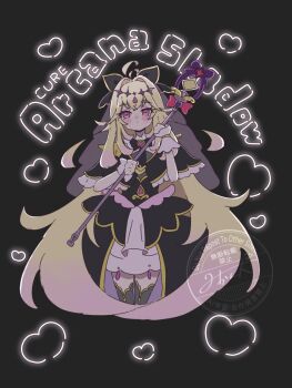 Rule 34 | 1girl, antenna hair, black background, black bow, black bowtie, black capelet, black dress, black thighhighs, blonde hair, bow, bowtie, brooch, capelet, character name, commentary, cure arcana shadow, diamond hairband, dress, english text, frilled capelet, frills, gradient hair, hair bow, hair intakes, heart, heart brooch, highres, holding, holding staff, jewelry, layered dress, long hair, looking at viewer, magical girl, medium dress, meitantei precure!, moria luluka, multicolored hair, precure, puni2 kuru2, purple eyes, purple veil, solo, staff, tear arcana rod, text background, thighhighs, veil, wrist cuffs