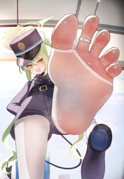 1girl :d arm_behind_back belt black_belt black_footwear black_hat black_jacket black_shorts black_tail blue_archive blue_headwear blush bridal_legwear buttons demon_girl demon_tail dot_nose fang feet foot_focus foot_out_of_frame foot_up foreshortening from_below gloves green_hair green_halo hair_between_eyes halo hat highres holding holding_shoes holding_unworn_clothes indoors jacket jewelry legs loli long_hair long_sleeves looking_at_viewer no_shoes nozomi_(blue_archive) open_mouth pantyhose peaked_cap pointy_ears police_hat presenting_foot shoes short_shorts shorts skin_fang smell smile soles solo spread_toes standing standing_on_one_leg steaming_body stirrup_legwear tail toe_ring toeless_legwear toenails toes twintails unworn_shoes ursica variant_set very_long_hair white_gloves white_pantyhose yellow_eyes yellow_halo