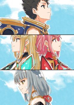 1boy 3girls absurdres back-to-back black_hair blonde_hair bob_cut brown_eyes closed_mouth commentary_request earrings eyelashes grey_hair highres jewelry looking_up multiple_girls mythra_(xenoblade) nia_(blade)_(xenoblade) nia_(xenoblade) poteto_(potetosarada123) pyra_(xenoblade) red_hair rex_(xenoblade) short_hair sidelocks smile spiked_hair xenoblade_chronicles_(series) xenoblade_chronicles_2 yellow_eyes