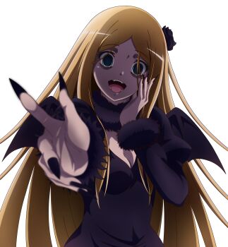 1girl absurdres black_dress black_nails blonde_hair blush breasts cleavage crazy crazy_eyes crazy_smile demon_girl demon_wings dress emily0103 empty_eyes fingernails flower fur-trimmed_collar fur-trimmed_sleeves fur_trim hair_flower hair_ornament hand_on_own_face highres long_fingernails long_hair long_sleeves looking_at_viewer open_mouth overlord_(maruyama) renner_theiere_chardelon_ryle_vaiself small_breasts smile solo upper_body wings