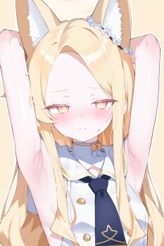 1girl animal_ear_fluff animal_ears armpit_focus armpits arms_behind_head blonde_hair blue_archive blue_necktie blush bright_pupils closed_mouth commentary dress extra_ears fox_ears highres koko_(user_hktv5235) long_hair necktie pink_eyes presenting_armpit seia_(blue_archive) simple_background sleeveless sleeveless_dress solo upper_body white_pupils yellow_background yellow_eyes yellow_necktie