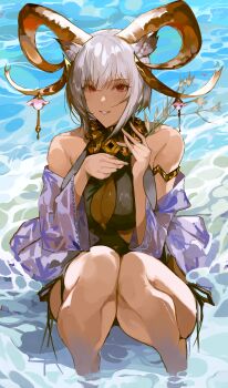 1girl absurdres animal_ears arknights bare_shoulders beach black_one-piece_swimsuit breasts carnelian_(arknights) carnelian_(shimmering_dew)_(arknights) casual_one-piece_swimsuit cleavage commentary dark-skinned_female dark_skin day english_commentary feet_out_of_frame goat_ears goat_girl goat_horns gold_horns grey_hair highres horn_ornament horns jewelry large_breasts looking_at_viewer ocean official_alternate_costume one-piece_swimsuit outdoors parted_lips red_eyes short_hair side-tie_swimsuit smile solo squatting summer swimsuit teeth yuki_flourish