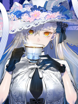1girl black_gloves chest_ribbon cup earrings fate/grand_order fate_(series) flower gloves grey_hair hair_ribbon hat hat_flower highres holding holding_cup jewelry looking_at_viewer olga_marie_animusphere orange_eyes ribbon solo suzuhi_(fullprayer) teacup u-olga_marie u-olga_marie_(first_ascension) upper_body