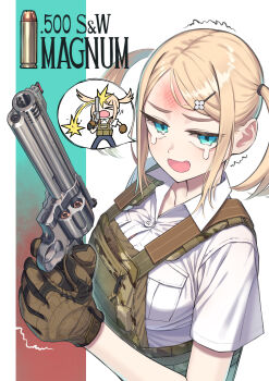 1girl blonde_hair blue_eyes breasts brown_gloves bullet bulletproof_vest english_text from_above gloves gun hair_ornament hairclip handgun highres image_in_speech_bubble injury large_breasts looking_at_viewer open_mouth original revolver samaru_(seiga) shirt short_sleeves smith_&amp;_wesson_model_500 solo speech_bubble tearing_up trigger_discipline twintails weapon white_shirt