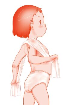 1girl after_bathing blush flat_chest from_side highres loli monochrome nipples original panties profile red_theme riarutoruchokku short_hair simple_background solo topless_female towel towel_around_neck underwear wet white_background
