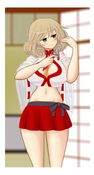 1girl breasts brown_hair cleavage_cutout clothing_cutout crop_top green_eyes haruka_(senran_kagura) large_breasts medium_hair miniskirt rangertycho2077 see-through_clothes senran_kagura short_sleeves skirt wide_sleeves