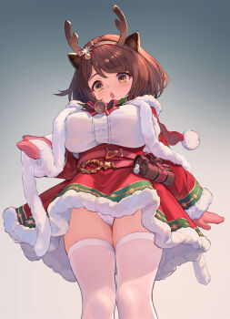 :o antlers blush breasts brown_hair capelet christmas_ornaments draph dress fake_antlers from_below fur-trimmed_dress fur-trimmed_gloves fur-trimmed_headwear fur_trim gift gloves granblue_fantasy hairband hat highres horns large_breasts open_mouth oppai_loli panties petite red_capelet red_dress reindeer_antlers santa_costume santa_dress santa_hat short_hair small_horns thighhighs u-suke_(supertie) underwear white_panties white_thighhighs yaia_(granblue_fantasy) yellow_eyes