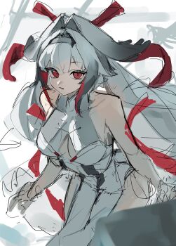 1girl arched_back bare_shoulders breasts china_dress chinese_clothes collarbone cowboy_shot dress droopy_ears grey_hairband hairband highres kwak0729 leaning_forward looking_at_viewer medium_breasts parted_lips red_eyes red_ribbon ribbon sleeveless sleeveless_dress solo unfinished white_background white_dress white_hair ye_shunguang zenless_zone_zero