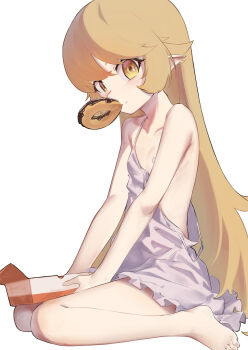 1girl absurdres bandaid bandaids_on_nipples bare_legs bare_shoulders barefoot blonde_hair breasts clothes_pull collarbone donut dress dress_pull eating expressionless eyelashes female_focus food from_side full_body highres kahnapuf loli long_hair looking_at_viewer looking_to_the_side matching_hair/eyes monogatari_(series) oshino_shinobu pasties pointy_ears simple_background sitting sleeveless sleeveless_dress small_breasts solo strap_slip vampire wariza white_background white_dress yellow_eyes