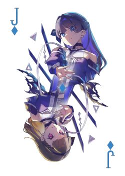 Rule 34 | 2girls, 5th live tour ~4pair power spread!!!!~, absurdres, ampere (love live!), armpit crease, bare shoulders, black hairband, blue coat, blue eyes, blue hair, braid, brown hair, card, card (medium), center-flap bangs, closed mouth, coat, commentary, diamond (shape), dollchestra, hairband, half updo, highres, jack (playing card), jack of diamonds, kachimachi kosuzu, light frown, link! like! love live!, long hair, long sleeves, looking at viewer, love live!, multiple girls, murano sayaka, off-shoulder coat, off shoulder, official alternate costume, pink eyes, playing card, playing card (medium), rotational symmetry, shirt, side braids, simple background, sleeveless, sleeveless shirt, split mouth, sunkeun, v-shaped eyebrows, virtual youtuber, white background, white shirt