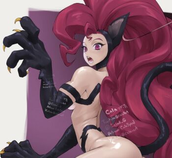 1girl animal_ears animal_hands ass bare_shoulders black_fur breasts cat_ears cat_girl cat_tail cropped darkstalkers felicia_(darkstalkers) gabriel_carrasquillo long_hair pink_eyes pink_hair tail teeth very_long_hair