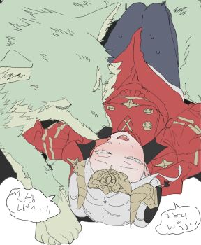 1girl absurdres animalization armor aziemblemfates breasts cape close-up closed_eyes closed_mouth collared_cape double_bun dress edelgard_von_hresvelg edelgard_von_hresvelg_(timeskip) fake_horns female_byleth_(fire_emblem) fire_emblem fire_emblem:_three_houses hair_bun hair_up hashtag-only_commentary headpiece highres horns knees_up korean_commentary light_blush lying medium_breasts nintendo on_back person_and_animalization red_cape red_dress speech_bubble sweat upside-down white_hair wolf