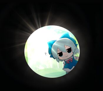 Rule 34 | 1girl, ?, azuma meri, blue dress, blue eyes, blue hair, blue ribbon, blue shoes, chibi, chibi only, cirno, closed mouth, dress, fumo (doll), hair between eyes, hair ribbon, highres, looking at viewer, neck ribbon, red ribbon, ribbon, shoes, short hair, short sleeves, smile, solo, touhou, warp pipe