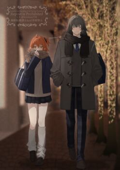 1boy 1girl alternate_costume bag black_scarf black_shoes black_skirt blue_eyes blue_jacket blue_necktie blue_pants blush brown_coat brown_scarf brown_shoes brown_vest christmas_lights coat commentary_request couple fate/grand_order fate_(series) frown fujimaru_ritsuka_(female) full_body grey_hair grey_leg_warmers grey_vest hair_ornament hair_scrunchie hand_in_pocket hetero highres holding_another's_arm jacket leg_warmers looking_to_the_side necktie oberon_(fate) orange_eyes orange_hair outdoors pants plaid_clothes plaid_pants plaid_scarf pleated_skirt romo827 scarf school_bag scrunchie shoes side_ponytail skirt twitter_username vest walking watermark
