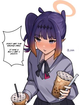 1girl absurdres alternate_costume artist_name black_ribbon black_skirt blue_eyes blush bubble_tea commentary drink drinking_straw english_commentary english_text hair_ornament halo highres holding holding_drink hololive hololive_english jacket kitski long_hair long_sleeves multicolored_hair ninomae_ina&#039;nis open_mouth orange_hair pointy_ears pov purple_hair ribbon shirt side_ponytail simple_background skirt speech_bubble tsundere virtual_youtuber