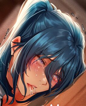 1girl after_fellatio ahegao blue_eyes blue_hair blush close-up crying crying_with_eyes_open cum cum_in_mouth cum_in_nose hair_between_eyes high_ponytail hplay long_hair ponytail portrait purple_eyes rolling_eyes saliva snot solo tearing_up tears tongue tongue_out trembling