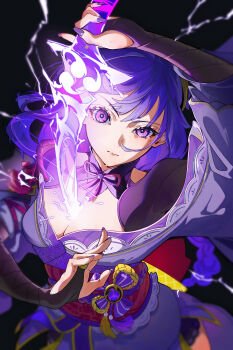 1girl absurdres black_background braid breasts bridal_gauntlets cleavage genshin_impact gin_s highres human_scabbard japanese_clothes kimono lightning long_hair looking_at_viewer low-braided_long_hair low-tied_long_hair medium_breasts mole mole_under_eye musou_isshin_(genshin_impact) purple_hair purple_kimono purple_nails raiden_shogun solo vignetting