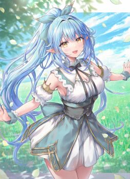 1girl ahoge armpits bare_shoulders blue_hair blush breasts cleavage cowboy_shot dress elf grass heart heart_ahoge high_ponytail highres hololive large_breasts long_hair mirukurim multicolored_hair outdoors pink_hair pointy_ears ponytail solo streaked_hair two-tone_hair virtual_youtuber white_dress yellow_eyes yukihana_lamy