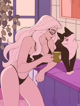 1girl black_bra black_cat_(marvel) black_nails black_panties bra breasts cat cleavage closed_eyes coffee_mug cup domino_mask eye_mask felicia_hardy highres holding holding_cup kitchen large_breasts lipstick long_hair makeup marvel mask mug navel panties paw_print pet smile solo spider-man_(series) thighs underwear underwear_only white_hair wide_hips window yellow_nicky