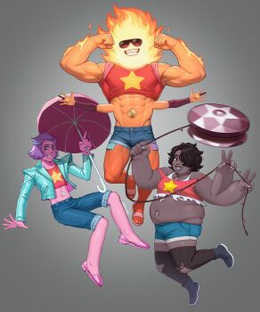 3others abs adelheid_(moschiola) black_hair boots colored_skin commentary cropped_shirt denim denim_shorts english_commentary extra_arms extra_eyes fat fire floating forehead_jewel freckles grey_skin grin hair_over_one_eye highres jacket multiple_others muscular obese orange_skin pink_skin purple_hair rainbow_quartz_2.0 sandals shoes short_hair shorts smile smoky_quartz_(steven_universe) steven_universe stomach_jewel sunglasses sunstone_(steven_universe) teeth thighhighs torn_clothes torn_thighhighs umbrella yo-yo