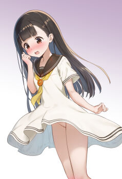1girl absurdres black_hair blush brown_eyes brown_sailor_collar clothes_lift dress dress_lift fubuki_rinne gradient_background hand_up highres loli long_hair looking_down make_heroine_ga_oo_sugiru! neckerchief no_panties nukumizu_kaju open_mouth purple_background pussy sailor_collar sailor_dress short_sleeves solo teeth upper_teeth_only white_background white_dress wind wind_lift yellow_neckerchief