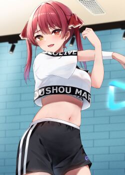1girl :d absurdres alternate_costume black_shorts breasts character_name commentary_request copyright_name crop_top crop_top_overhang cross-body_stretch crossed_arms heterochromia highres hololive hololive_dance_practice_uniform houshou_marine indoors large_breasts midriff navel open_mouth outstretched_arm red_eyes red_hair shorts smile solo stomach stretching twintails virtual_youtuber yellow_eyes yoshinone