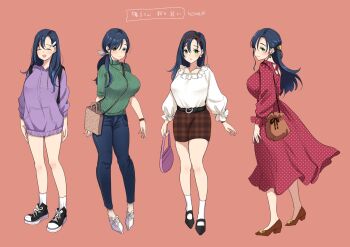 1girl :d ^_^ bag belt black_belt black_shoes blue_hair blue_pants blush breasts brown_bag brown_hairband brown_shoes brown_skirt closed_eyes closed_mouth collarbone commentary_request denim dress earrings flats from_side full_body green_eyes green_sweater hair_between_eyes hair_ornament hairband hairclip half_updo high_heels highres holding holding_bag hood hood_down hoodie huge_breasts jeans jewelry lips long_dress long_hair long_sleeves looking_at_viewer low_ponytail mojarin_(kihara_mojarin) multiple_views nadeshiko-san_just_can&#039;t_say_no! nadeshiko_(nadeshiko-san_just_can&#039;t_say_no!) necklace open_hand open_mouth pants pencil_skirt pink_background pink_bag plaid_clothes plaid_skirt polka_dot polka_dot_dress ponytail purple_hoodie red_dress shirt shoes sidelocks simple_background skirt sleeves_pushed_up smile sneakers socks standing sweater tachi-e tareme tented_shirt translation_request turtleneck turtleneck_sweater watch white_shirt white_shoes white_socks wristwatch