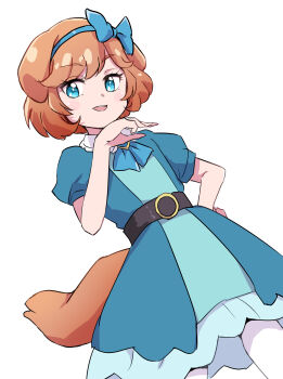 1girl absurdres animal_ears belt belt_buckle black_belt blue_bow blue_dress blue_eyes blue_hairband bow bow_hairband brown_hair buckle commentary_request delicious_party_precure dog_ears dog_girl dog_tail dress dutch_angle from_below hairband hand_on_own_hip hand_up highres looking_at_viewer open_mouth pam-pam pam-pam_(human) pantyhose precure puffy_short_sleeves puffy_sleeves short_hair short_sleeves simple_background smile solo standing tail teeth upper_teeth_only uraki white_background white_pantyhose