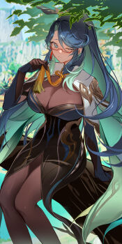 1girl absurdres arm_support blue_hair blurry blurry_background blush bodystocking breasts brown_dress capelet cleavage cloud_retainer_(genshin_impact) colored_inner_hair dress feet_out_of_frame game_screenshot_background genshin_impact green_capelet green_eyes green_hair hand_up high_ponytail highres holding large_breasts long_hair multicolored_hair neck_tassel one_eye_closed outdoors parted_bangs ponytail raised_eyebrows red-framed_eyewear screenshot_background semi-rimless_eyewear shibuya_(kurokamishain) sidelocks sitting sitting_on_branch solo tassel white_capelet xianyun_(genshin_impact)