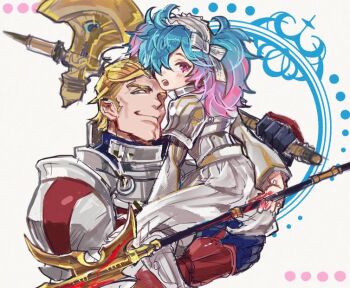 1boy 1girl arthur_(fire_emblem_fates) axe blonde_hair blue_hair fire_emblem fire_emblem_fates fisheep green_eyes holding holding_axe holding_lance holding_polearm holding_weapon lance looking_at_viewer medium_hair multicolored_hair nintendo peri_(fire_emblem) pink_hair polearm red_eyes two-tone_hair upper_body weapon