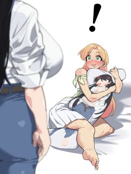 ! 2girls arato_nagi ass barefoot belt black_hair blue_pants blurry blush body_pillow breasts caught commentary curvy dakimakura_(object) depth_of_field drooling embarrassed feet green_eyes green_shirt highres large_breasts leg_lock lipstick_mark long_hair mouth_drool multiple_girls orange_hair pants parted_bangs pillow pleated_skirt plump qaz_shibashi ruri_no_houseki shirt simple_background skirt sleeves_rolled_up sweat tanigawa_ruri thighs toes untranslatable_commentary white_background white_shirt white_skirt