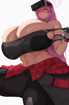 absurdres black_pants black_tank_top blue_archive blush breasts cleavage closed_mouth clothes_around_waist curvy eimi_(blue_archive) gigantic_breasts gloves grey_gloves grey_jacket hair_between_eyes halo head-mounted_display highres jacket jacket_around_waist long_hair looking_at_viewer navel pants pink_eyes pink_hair pink_halo plump simple_background skindentation standing strap_pull sweat tank_top thick_thighs thighs white_background zer0.zer0