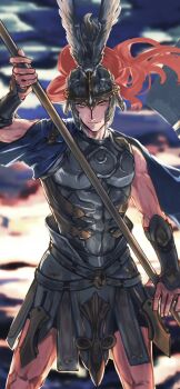 1boy armor cloud commentary_request fate/grand_order fate_(series) feet_out_of_frame helmet highres holding holding_polearm holding_weapon looking_at_viewer male_focus mimino_mimizu9 outdoors polearm ptolemy_(fate) ptolemy_(second_ascension)_(fate) solo toned toned_male weapon yellow_eyes