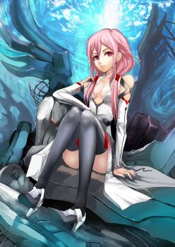 10s 1girl bare_shoulders black_thighhighs boots breasts cleavage detached_sleeves female_focus guilty_crown high_heels highres low_twintails machine pink_eyes pink_hair realmbw shoes sitting solo thigh_boots thighhighs twintails yuzuriha_inori