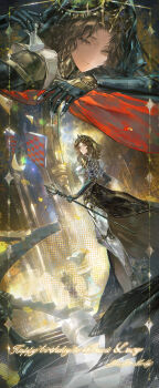 1girl absurdres android black_overskirt black_veil brown_hair chess_piece commission freezing_(lnsn299157) gold_tiara happy_birthday high_heels highres holding holding_chess_piece holding_scepter inset_border joints looking_at_viewer lucy_(reverse:1999) lucy_(the_queen's_game)_(reverse:1999) mole mole_under_mouth multiple_views parted_lips queen_(chess) reverse:1999 robot_girl robot_joints rook_(chess) scepter short_hair veil yellow_eyes