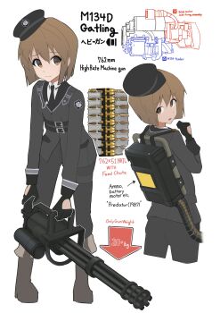 Rule 34 | 1girl, 7.62x51mm nato, absurdres, ammunition, ammunition belt, ammunition chute, black gloves, black hat, black jacket, black necktie, black pants, boots, brown eyes, brown hair, ch2haya p, closed mouth, english text, full-power cartridge, gatling gun, gloves, gun, hagiwara yukiho, hat, highres, holding, holding gun, holding weapon, idolmaster, idolmaster (classic), idolmaster million live!, idolmaster million live! theater days, jacket, long sleeves, m134 minigun, machine gun, medium machine gun, military dress uniform, military uniform, minigun, multiple-barrel gun, multiple views, necktie, official alternate costume, pants, peaked cap, rifle cartridge, rotary machine gun, short hair, simple background, standing, weapon, white background