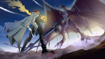 Rule 34 | digimon, digimon (creature), dragon, examon, gankoomon, highres, lance, polearm, royal knights, size difference, weapon, wings