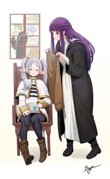 Rule 34 | 2girls, 3boys, black dress, black footwear, book, boots, brown footwear, bygin, chair, closed eyes, commentary request, dress, eisen (sousou no frieren), elf, fern (sousou no frieren), flower, frieren, grey hair, heiter, highres, himmel (sousou no frieren), holding, holding book, holding flower, long hair, looking at another, multiple boys, multiple girls, on chair, parted lips, pointy ears, purple eyes, purple hair, sitting, sleeping, smile, sousou no frieren, standing, twintails, window