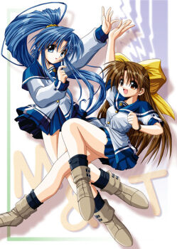 2girls arm_up black_socks blue_eyes blue_hair blue_sailor_collar blue_skirt boots bow brown_boots brown_eyes brown_hair commentary f20_(funimaru) hair_bow high_ponytail long_hair long_sleeves miniskirt multiple_girls original parted_lips ponytail sailor_collar school_uniform shirt short_sleeves skirt socks trisha_foster very_long_hair white_shirt wristband yellow_bow yuukyuu_gensoukyoku