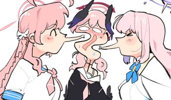 &gt;_&lt; 3girls ahoge black_shirt black_wings blank_eyes blue_archive blue_bow blue_bowtie blush bow bowtie halo hanako_(blue_archive) head_wings highres kinzaibatsu91 koharu_(blue_archive) long_hair maomao_evading_jinshi&#039;s_kiss_(meme) meme mika_(blue_archive) multiple_girls neckerchief open_mouth pink_hair pink_halo pink_neckerchief puckered_lips red_halo shirt simple_background white_background white_shirt wings yuri