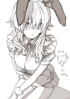 1girl :t animal_ears arm_under_breasts balloon bikini birthday bow bowtie breasts cleavage commentary_request detached_collar frilled_bikini frills fur_wristbands hand_on_own_leg large_breasts long_hair maid maid_bikini minoshima_ayaka monochrome original pout puffy_short_sleeves puffy_sleeves rabbit_ears rabbit_girl rabbit_tail short_sleeves sitting solo swimsuit tail tearing_up unconventional_maid