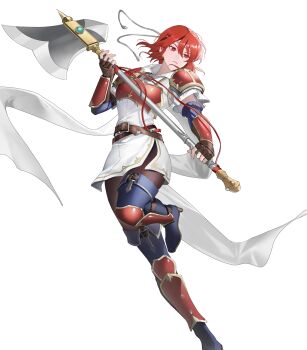 1girl arm_guards armor attack axe belt black_pantyhose blue_boots boots breastplate breasts brown_belt brown_gloves dress fighting_stance fingerless_gloves fire_emblem fire_emblem:_mystery_of_the_emblem fire_emblem_heroes full_body gloves headband high_heel_boots high_heels highres holding holding_axe looking_at_viewer minerva_(above_the_stars)_(fire_emblem) minerva_(fire_emblem) nintendo non-web_source official_alternate_costume official_art pantyhose parted_lips red_armor red_eyes red_hair riz3 shin_guards short_dress short_hair short_sleeves shoulder_armor simple_background solo thigh_boots weapon white_dress white_headband