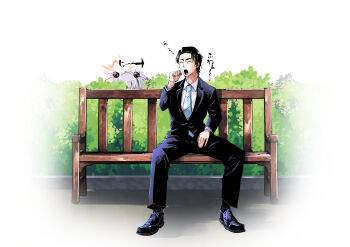 1boy 1girl absurdres aqua_necktie arrow_(symbol) bench black_hair black_pants black_shoes black_suit blue_archive bush closed_eyes collared_shirt commentary day diagonal-striped_clothes diagonal-striped_necktie dress_shirt eyeball_hair_ornament formal_clothes full_body grey_hair halo hand_up highres kanoe_(blue_archive) long_sleeves nakamobu necktie on_bench orange_halo outdoors pants park_bench peeking_out sensei_(blue_archive) shirt shoes short_hair sitting sleepy sound_effects squeans striped_clothes suit teeth translated upper_teeth_only white_shirt wooden_bench yawning