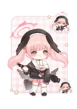 Rule 34 | 1girl, :t, asymmetrical legwear, beret, black bag, black hat, black shirt, black shoes, black wings, blue archive, blush, body markings, bolt action, chibi, chibi only, chinese commentary, closed mouth, commentary request, feathered wings, full body, gingham background, gun, halo, hanchansiqingyun, hat, head wings, highres, holding, holding gun, holding weapon, kneehighs, koharu (blue archive), long hair, long sleeves, looking at viewer, loose socks, low wings, multiple wings, p14 enfield, pink background, pink eyes, pink hair, pink halo, pink skirt, pout, rifle, sailor collar, school uniform, serafuku, shirt, shoes, sidelocks, single bare shoulder, single off shoulder, single sleeve past fingers, skirt, socks, standing, star (symbol), twintails, uneven legwear, weapon, white sailor collar, white socks, wings