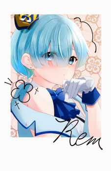 1girl absurdres ascot blue_ascot blue_eyes blue_hair blush border bow character_name crown earrings gloves hair_over_one_eye highres jacket jewelry looking_at_viewer mini_crown rain_re_a re:zero_kara_hajimeru_isekai_seikatsu rem_(re:zero) shirt short_hair sleeveless sleeveless_shirt solo upper_body white_gloves