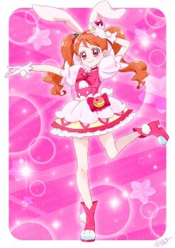 1girl animal_ears arm_up artist_name bad_tag boots border bow cake_hair_ornament chest_bow choker closed_mouth commentary commission cosplay cure_whip cure_whip_(cosplay) dress earrings extra_ears floppy_ears food food-themed_hair_ornament frilled_dress frills fruit fruit_brooch full_body gloves hair_ornament highres jewelry kirakira_precure_a_la_mode leg_up light_blush long_hair looking_at_viewer magical_girl orange_hair outstretched_arm outstretched_hand pact_holder paw_shoes pink_background pink_boots pink_bow pink_choker pink_dress pink_eyes pink_theme pom_pom_(clothes) pom_pom_earrings pom_pom_footwear pota0606119 pouch precure puffy_short_sleeves puffy_sleeves rabbit_ears rabbit_tail self_cosplay short_sleeves signature skeb_commission smile solo split_mouth standing standing_on_one_leg star_(symbol) star_symbol_background strawberry strawberry_brooch strawberry_hair_ornament tail twintails usami_ichika w white_border white_gloves