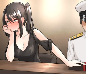 Rule 34 | 1boy, 1girl, admiral (kancolle), arm support, averting eyes, black dress, blush, box, breasts, brown background, brown hair, chair, cleavage, clothing cutout, collarbone, commentary request, dress, furaggu (frag 0416), gift, gift box, grey hair, hair between eyes, hat, head rest, indoors, kantai collection, long sleeves, medium breasts, military uniform, nachi (kancolle), naval dress uniform, naval uniform, nose blush, peaked cap, pout, red ribbon, ribbon, shirt, short sleeves, shoulder boards, shoulder cutout, side ponytail, sidelocks, sitting, solo focus, table, upper body, valentine, white hat, white shirt